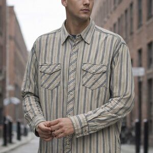 Axis Men’s Striped Button Down Shirt XL Beige Blue Western Workwear 100% Cotton